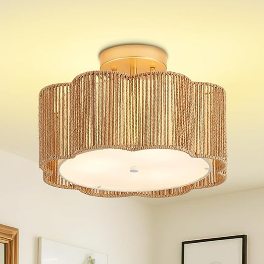 13 Inch Rattan Flush Mount Ceiling Lights 3 Lights Boho Farmhouse Ceiling Light Fixtures Wicker Hand Woven Light Fixtures for Dining Room Kitchen Bedroom Foyer Hallway Entryway