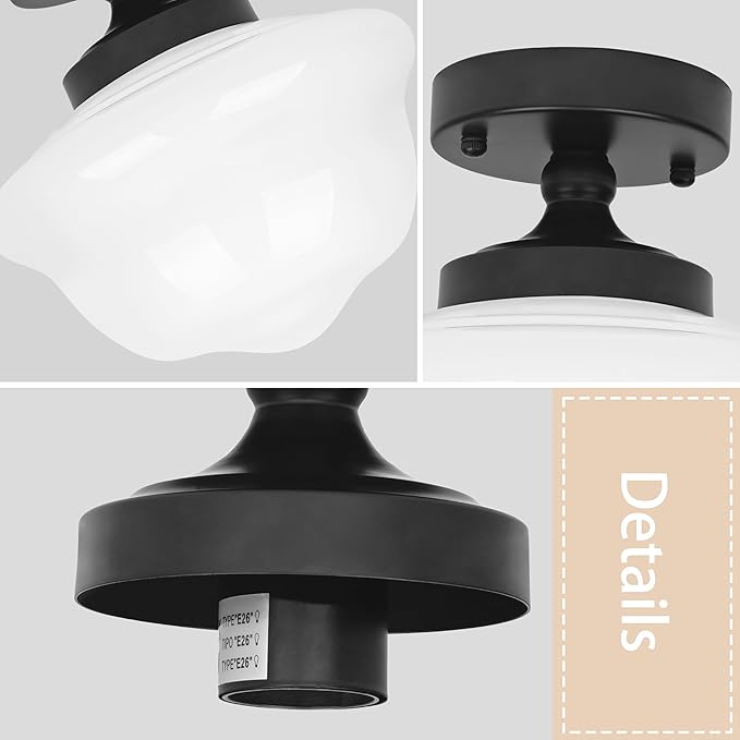 Bagood 10" Black Schoolhouse Light Fixtures Schoolhouse Light Fixtures Ceiling Mid Century Lights Fixture Milk Glass Lights Fixture Semi Flush Mount Ceiling Fixture for Bathroom Kitchen (Bulb Incl)