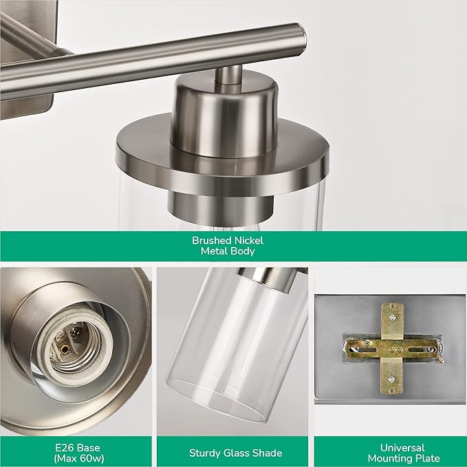 EDISHINE Vanity Light Fixtures, 2 Light Bathroom Vanity Light Fixtures Brushed Nickel, Modern Wall Sconces for Bathroom, Powder Room, Bedroom, Kitchen (E26 Base)