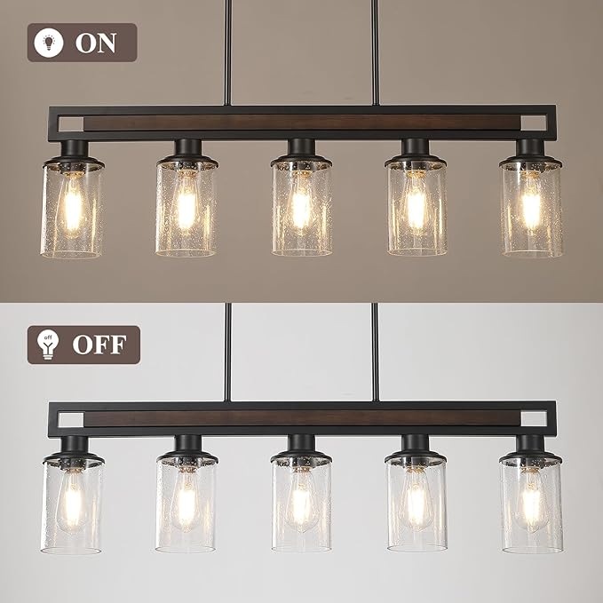 Farmhouse Dining Room Light Fixture, 5-Light Wood Kitchen Island Lighting for Dining Room Over Table, Black Adjustable Pendant Light with Seeded Glass Shades, Linear Chandeliers Lighting for Kitchen