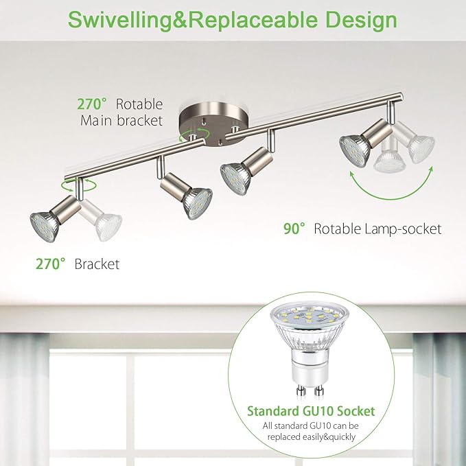 Unicozin LED 4 Light Track Lighting Kit, 24.8'' Matt Nickel 4 Way Ceiling Spot Lighting, Flexibly Rotatable Head, Modern Track Light Included 4 x LED GU10 Bulb (4W, Daylight White 5000K, 400LM)