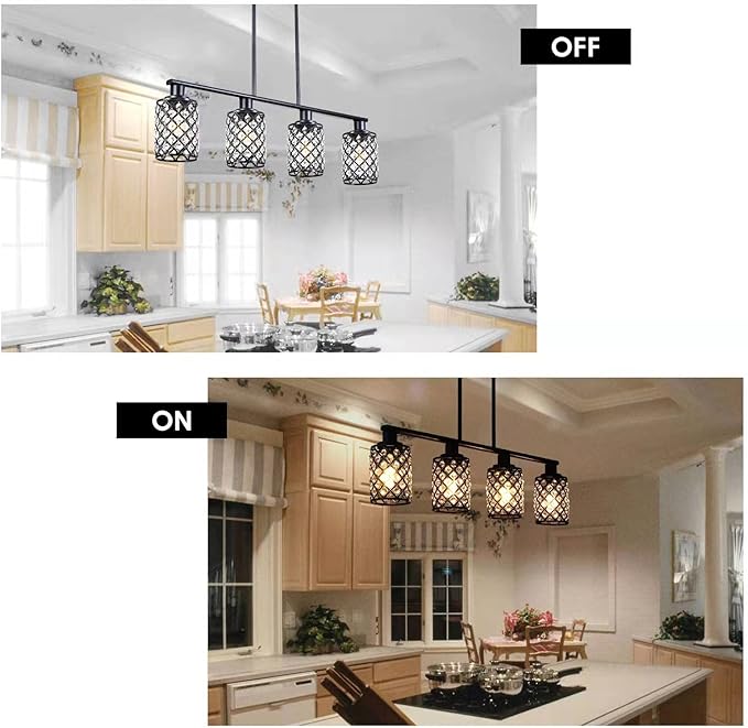 Dining Room Light Fixture Over Table,4-Light Island Lights for Kitchen,Black Pendant Lights Kitchen lsland Lighting,The Linear Chandelier with K9 Crystal and Black Grids Shade