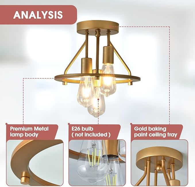 Gold 3-Light Semi Flush Mount Ceiling Light Fixture Metal Farmhouse Vintage Chandelier Circle Ceiling Lamp for Bathroom Kitchen Dining Room Laundry Room Foyer Closet Stairwell