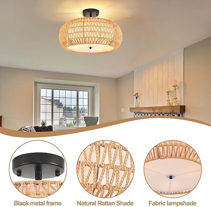 Boho Flush Mount Ceiling Light Fixture 17.8",3 Light Rattan Chandelier Light Fixture Woven Wicker Ceiling Light Fixtures Flush Mount for Hallway Bedroom Kitchen Entryway Living Room Island