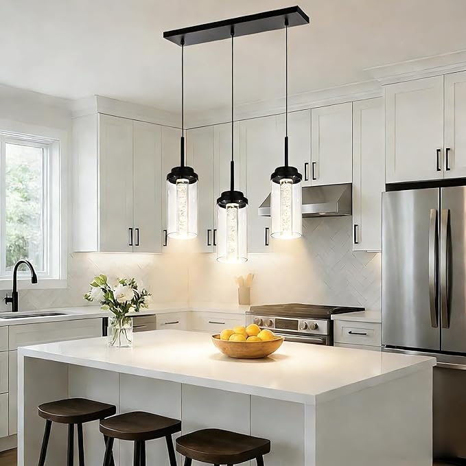 MELUCEE Dimmable LED Pendant Light 3-Light Linear Dining Room Light Fixture Over Table Black Chandelier, 3000K-6000K Adjustable Color Temperature Island Lights with Clear Glass Shade