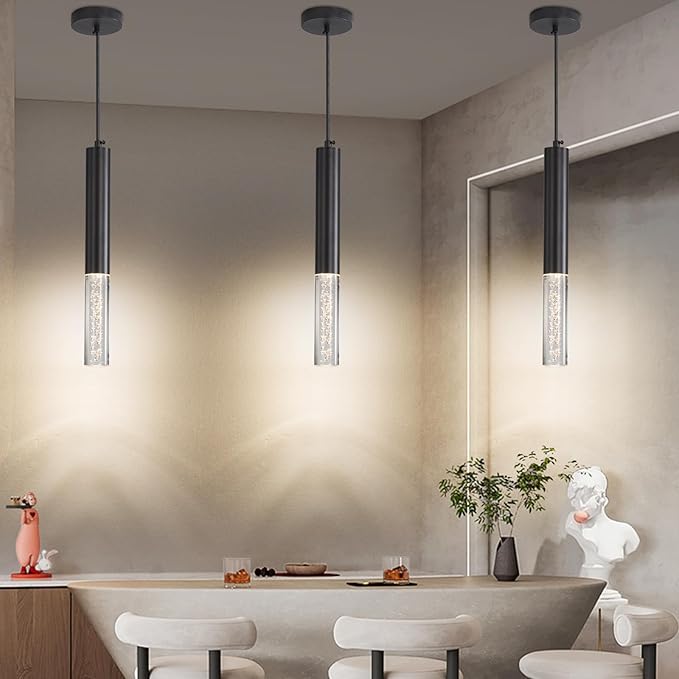 3 Pack Pendant Lights Kitchen Island, LED Bubble Acrylic Island Lighting Fixtures, 3 Color 3000K/4500K/6500K, Modern Cylinder Ceiling Hanging Light for Bedroom, Bar, Dining Room, Bathroom