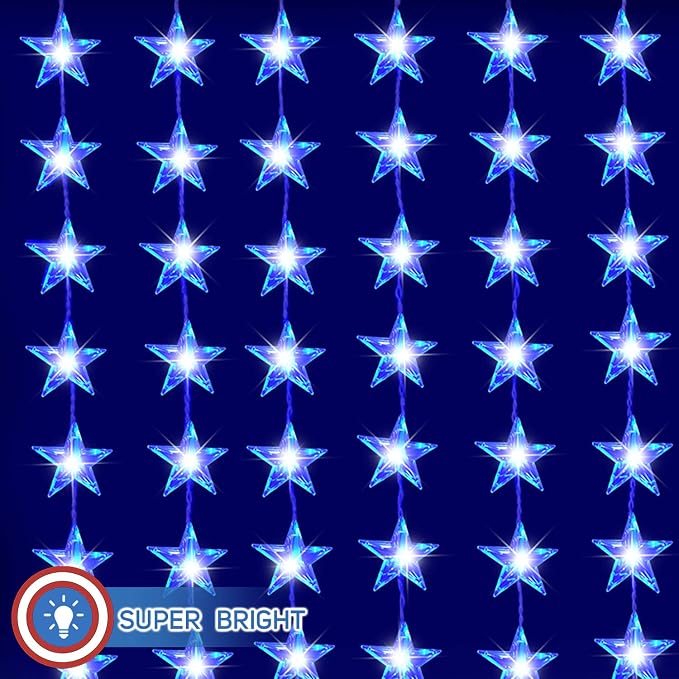 Russell Decor American Patriotic Flag Lights Curtain Lights with Stars Outdoor Indoor Waterproof Festival Party Red White Blue (6 ft x 3.5 ft)