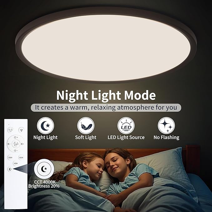 20 Inch Flush Mount Ceiling Light with Remote, 45W Dimmable LED Fixture 4500LM, 3000K-6500K Adjustable, Round Ceiling Lamp for Bedroom, Kitchen, Living Room, Dining Room, Bathroom, Black