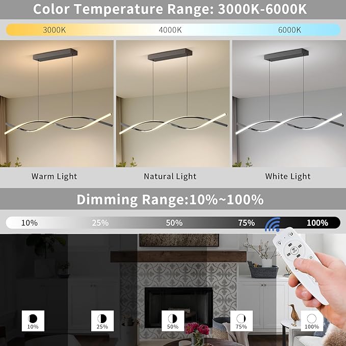 Modern Pendant Lights Fixture, 57in Aluminum LED Chandelier with Remote Control Dimmable 3000k-6000K Color Temperature, Island Lighting Lamp for Kitchen, Dining Room, Billiard Room