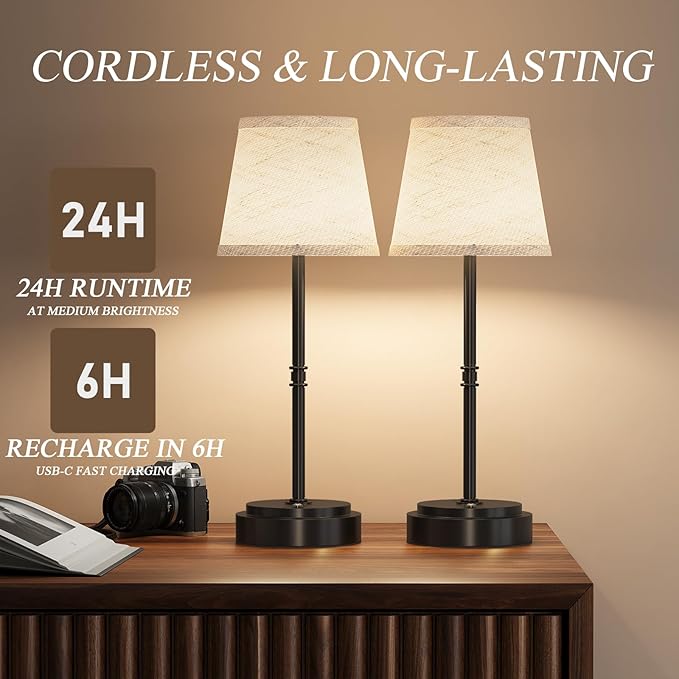 Cordless Table Lamp Rechargeable Black - 2 Pack 7500mAH Battery Operated Lamp for Decor, 3000K Stepless Dimming Touch Control Wireless Lamp for Bedroom, Dining Table, Counter, Living Room