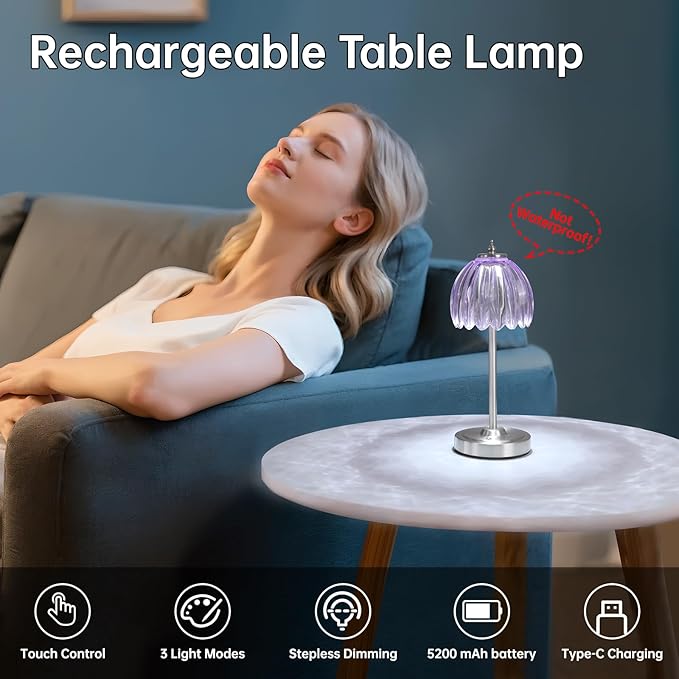 Shenmoyl Tulip Table Lamp with 5200mAh Battery & Touch Control, Cordless Small Table Lamp with 3 Colors, Dimmable Rechargeable Table Lamps for Living Room, Bedroom, Desk, Bedside (Clear Purple Tulip)