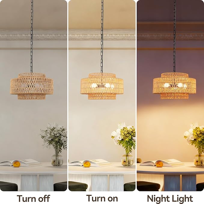 24" Large Rattan Chandelier, 6-Light Boho Dining Room Light Fixture Over Table, Natural Handwoven Wicker Pendant Lamp for Living Room, Coastal Farmhouse Hanging Ceiling Light
