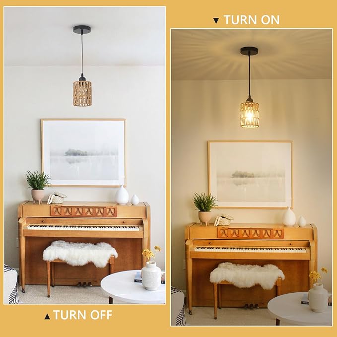 LAMSU 1-Light Rattan Pendant Lights, Boho Farmhouse Pendant Lighting with 4.7×5.9in Hand Woven Shade, Small Wicker Light Fixture Ceiling Hanging for Dining Room Kitchen, Height Adjustable up to 61in