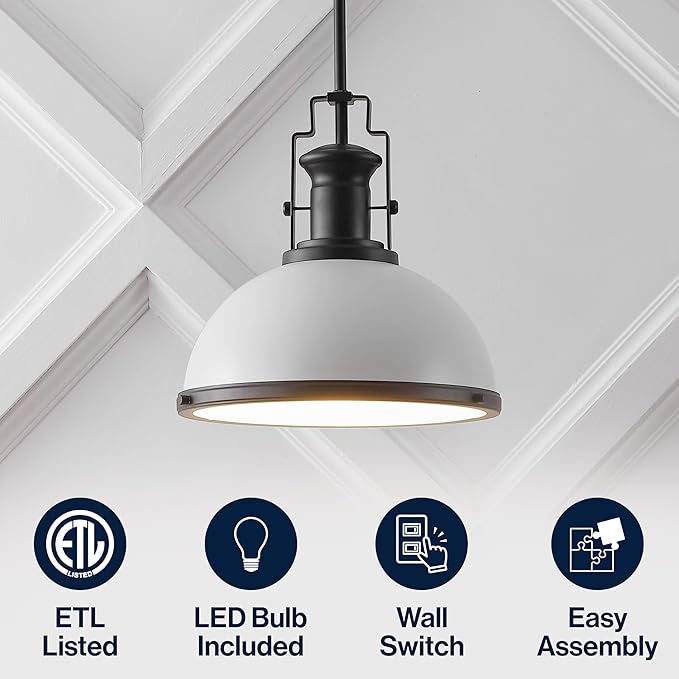 JONATHAN Y 13" Matte Black/White Modern Industrial Iron LED Dome Pendant Light, Adjustable Hanging Fixture for Kitchen Island or Entryway, Black Metal Shade, LED Bulb Included (JYL9536E)