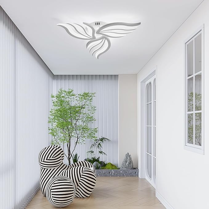 Becailyer LED Ceiling Light, 26.7" Dimmable Modern Flower Shape Ceiling Lamp, 30W Acrylic 3-Petals Flush Mount Ceiling Light Fixtures for Bedroom Dining Room Kitchen, White
