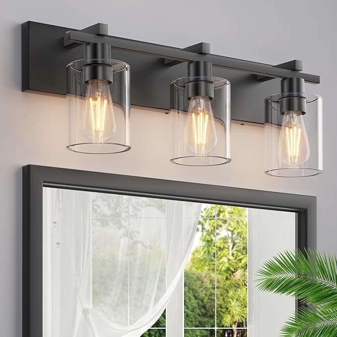 Espird Bathroom Vanity Light,3 Light Matte Black Light Fixture with Thickened Clear Glass Shade, 21 inch Modern Wall Sconce, Bathrooms Vanity Light Over Mirror for Bathroom