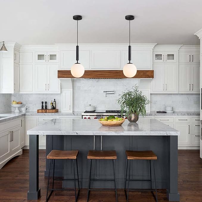 KCO Lighting Black Globe Pendant Light Mid Century Modern Pendant Lights Kitchen Island Industrial Farmhouse Round Glass Pendant Lighting Single Hanging Light Fixture (Black)
