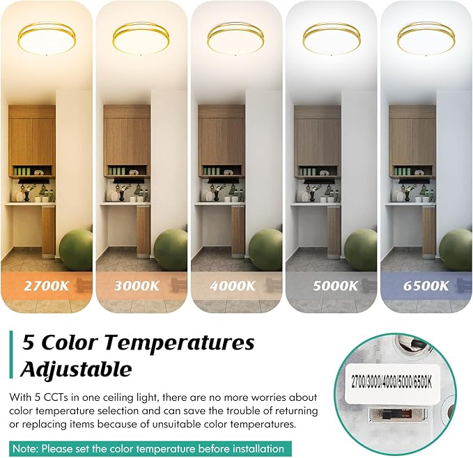 16 Inch LED Flush Mount Ceiling Light Fixture, Dimmable 5CCT Selectable 2700K Warm White-6500K Super Bright Daylight White, 50W 6000LM Round Gold Ceiling Lamps for Living Room Bedroom Kitchen, 2 Packs
