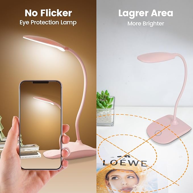 Battery Powered Desk Lamp, Portable Lamps Rechargeable 3 Color Modes Touch Control Stepless Dimming, Wireless Desk Lamp with 2000mAh, Small LED Table Light for Dorm Study Office Bedroom,Pink(2-PACK)