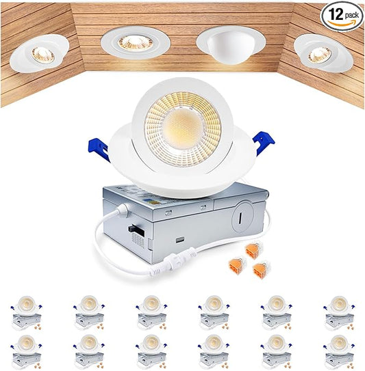 zouzai 3 Inch Gimbal Led Recessed Lighting, 360°+90° Adjustable Directional Recessed Lights, 2700K/3000K/3500K/4000K/5000K Dimmable Retrofit Eyeball Can Lights with Jbox,ETL (White, 12 Pack)