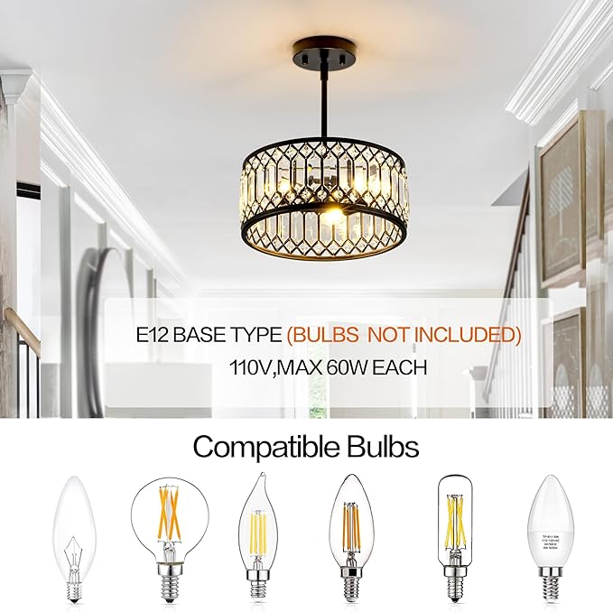 Crystal Black Ceiling Light, Modern Light Fixture Ceiling, Chandelier for Living Room Dinning Room Bedroom Walk-in Closet 3-Light 12.2 Inch