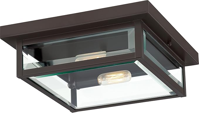 Quoizel Westover 12" Outdoor Flush Mount Ceiling Light, 2-Light Western Bronze with Clear Beveled Glass, E12 Base, ETL Damp Rated