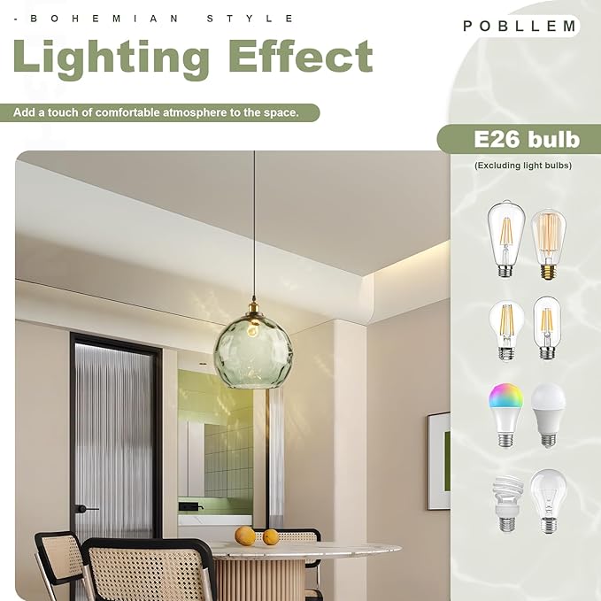 Green Glass Hanging Light Fixture, 13.8" Large Globe Pendant Light Hammered Glass Shade, Mid Century Modern Single Black and Gold Pendant Light for Kitchen Island Dining Room Bedroom