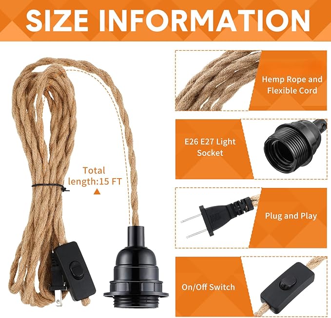 Tuanse 4 Pack Pendant Light Cord, 15ft Plug in Kit with Switch, Industrial Vintage E26 E27 Socket Set for Edison Bulbs, Farmhouse Decor, Retro Lamp Cable DIY