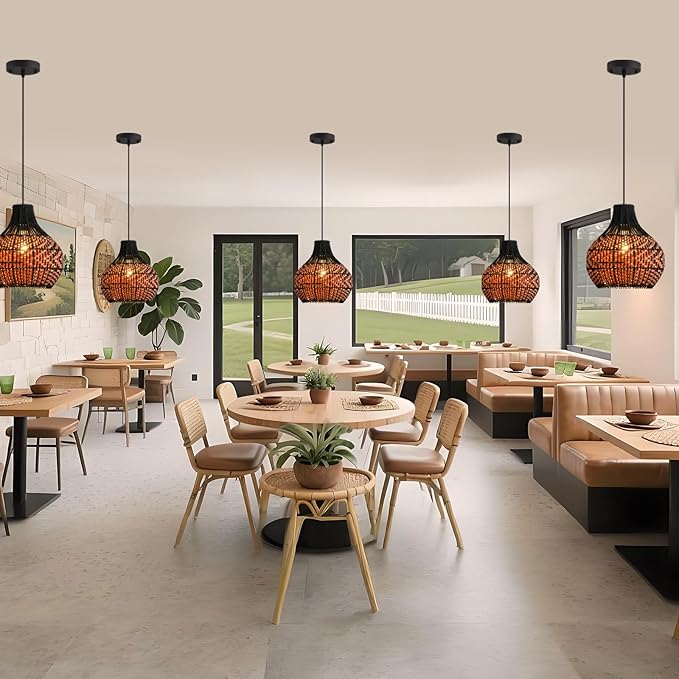 3-Pack Rattan Pendant Light,11" Hand-Woven Black Brown Faux Rattan Hanging Light Boho Wicker Basket Chandelier,for Living Room Bedroom Kitchen Dining Farmhouse