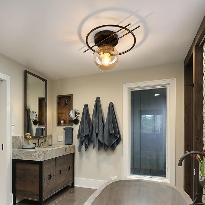 Matte black & gold finish Semi Flush Mount Ceiling Light Fixture Mid Century Modern Chandelier with Glass Globe Small Indoor Lighting for Kitchen Hallway Bathroom Bedroom Closet Farmhouse Proch.