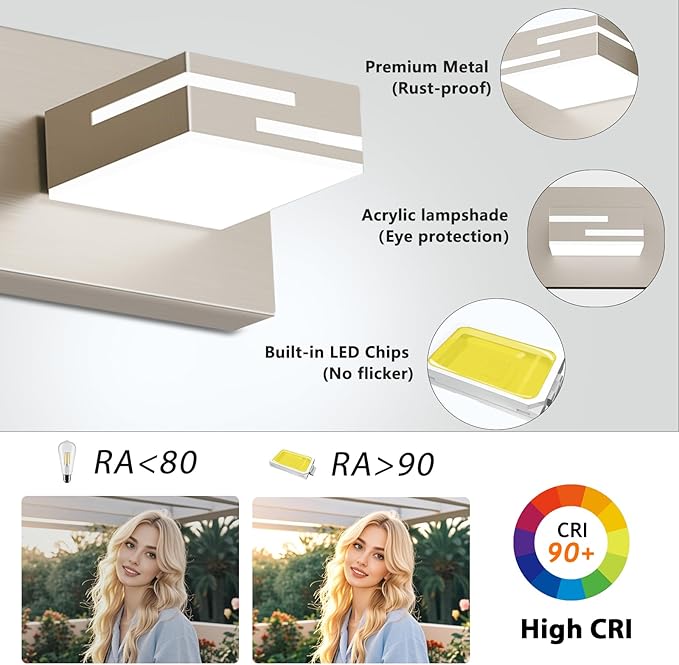 LED Modern Bathroom Vanity Light Fixtures, 3-Light 22-inch Dimmable Brushed Nickel Vanity Lights for Bathroom Lighting Fixtures Over Mirror, with 360° Rotatable Acrylic Heads (Cool White 6000K)