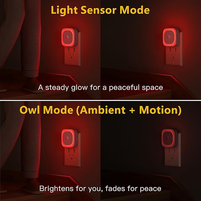 YUNLEX 2 Pack Plug in Red Sleep Night Light with Motion Sensor & Dusk to Dawn Sensor, Soft Glow, 0% Blue Light, Dimmable, Auto On/Off, LED Lights for Bedroom, Kids, Bathroom, Hallway, as Mother Gifts