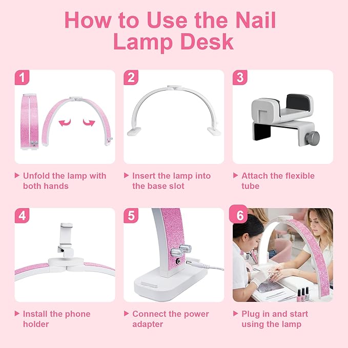Half Moon Light for Nail Desk 31" Foldable LED Nail Desk Lamp with Phone Holder, Professional Nail Tech Light for Manicure & Beauty Studio