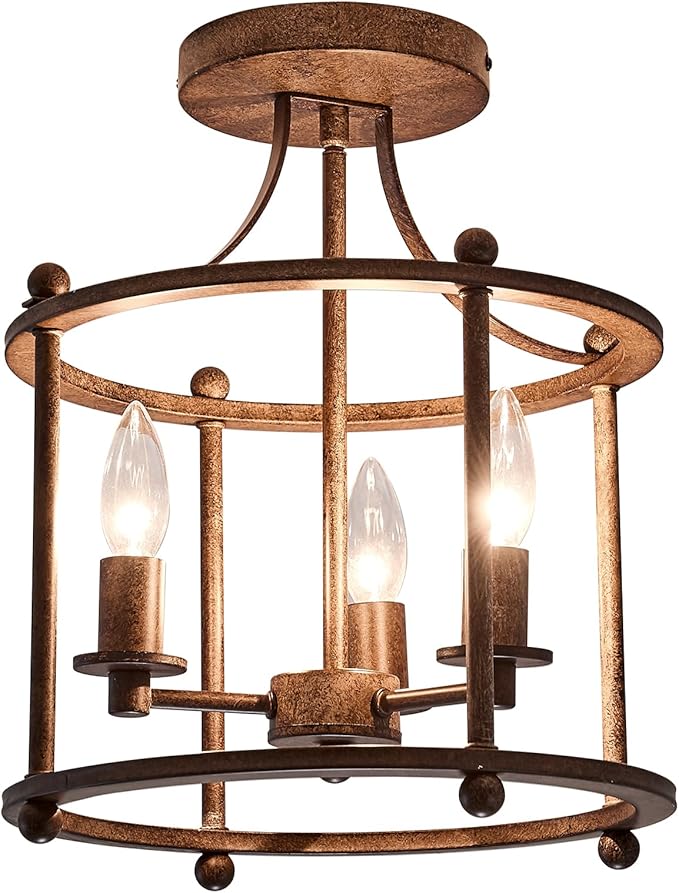 UOFUS 3-Light Farmhouse Vintage Semi Flush Mount Ceiling Light Fixtures in Rustic Bronze Metal Chandelier for Island Living Room Bedroom Kitchen Foyer Laundry Room Entryway Hallway