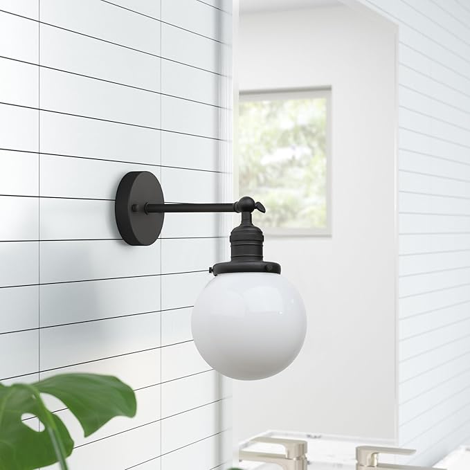 Phansthy 1-Light Wall Sconce, Brass Boho Bathroom Vanity Light, Modern Wall Light with Globe Glass Shade E26 Base, Adjustable Wall Lighting Fixtures for Bedroom, Living Room (Black, White Shade)