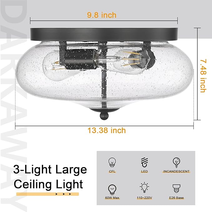 Darkaway Large Ceiling Light Fixtures 3-Ight Flush Mount Indoor Outdoor Ceiling Light with Seeded Glass Shade for Hallway Kitchen Bedroom Porch Living Room Dining Room Black Finish
