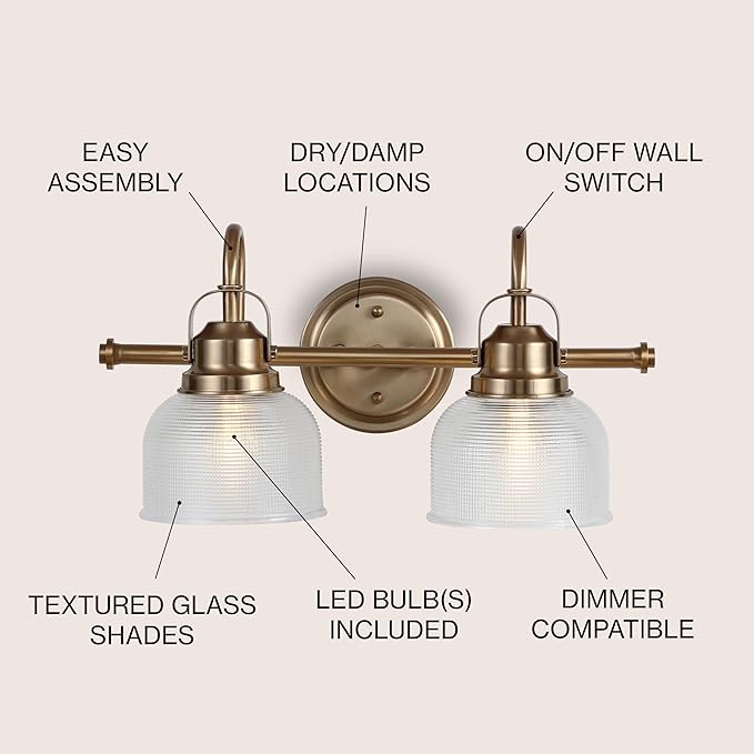 JONATHAN Y 17.25" Brass Gold Modern Bathroom Vanity Light, 2-Light LED Wall Sconce, Clear Glass Bell Shade for Mirror Hallway Kitchen, ETL Listed, LED Bulb Included (JYL7408B)