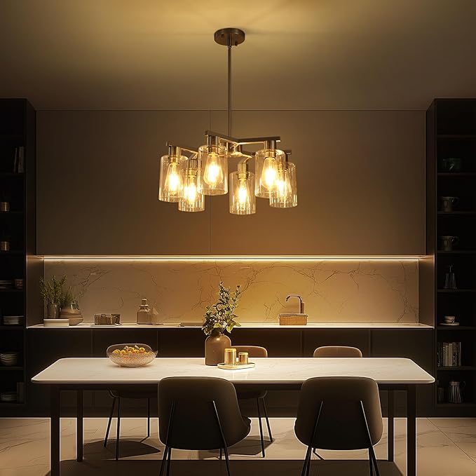6-Light Farmhouse Brushed Nickel Chandelier,Modern Chandeliers for Dining Room Light Fixture Over Table,Adjustable Hanging Industrial Rustic Pendant Lights for Kitchen Island with Clear Glass Shade