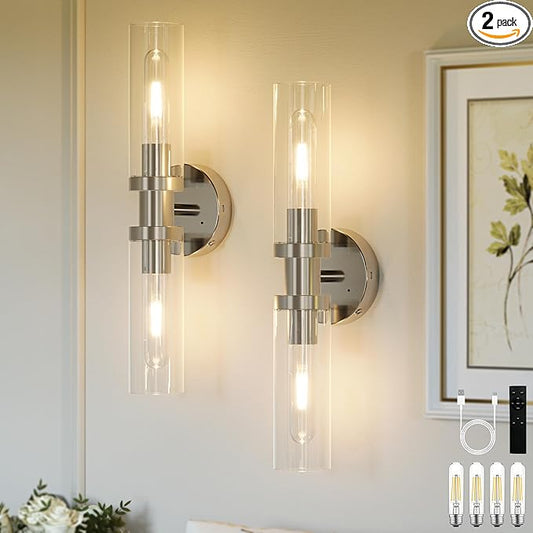 Rechargeable Battery Operated Wall Sconce Set of 2, 10000mAh Cordless Wall Lights with Dimmable, Timer Function, 3000K Warm White, Easy Install for Living Room, Bedroom, Nickel, Bulbs Included