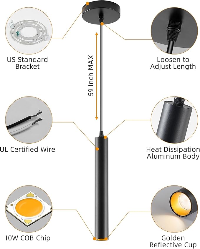 Modern LED Pendant Light, 10W Dimmable Ceiling Hanging Spotlight Fixture Black Minimalist Aluminum Pendant Lighting for Kitchen Island, Bar Counter, Bedroom, 4000K, ETL Listed, Pack of 3