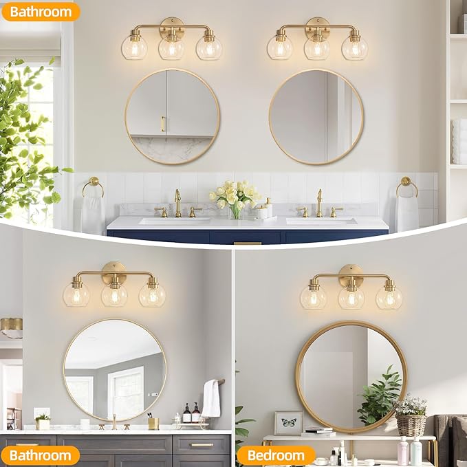 Bathroom Light Fixtures Gold Vanity Light 3 Light Wall Sconces Lighting Brushed Brass Lights with Clear Globe Glass Shades Bath Wall Lamp for Mirror Kitchen Living Room Bedroom Hallway