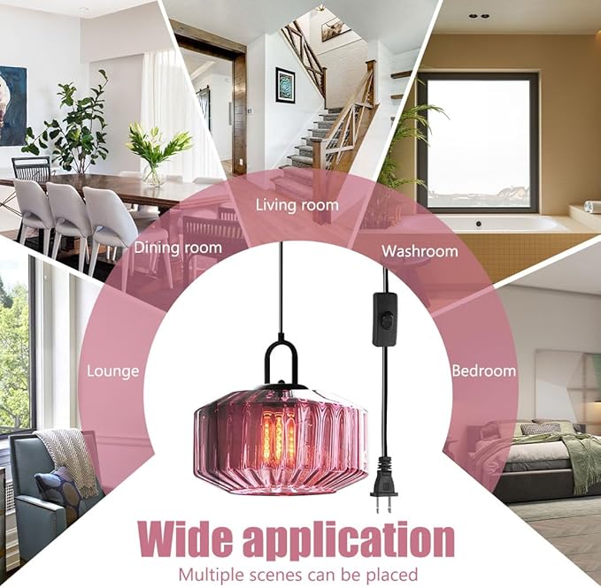 Plug in Hanging Light Glass Globe Pendant Light Plug in Mid Century Modern Pendant Light Fixture with 14.7 ft Cord Purple Striped Glass Shade for Living Dining Room Farmhouse Kitchen
