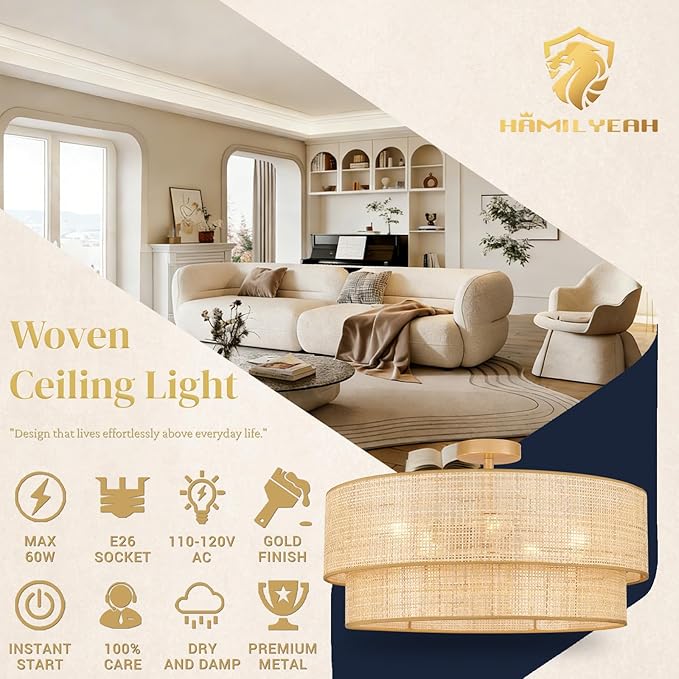 Hamilyeah 24 Inch Large Boho Ceiling Light Double Layer, Semi Flush Mount Light Fixture with Wicker Rattan Bamboo Woven Shade for Living Room, Dining Room