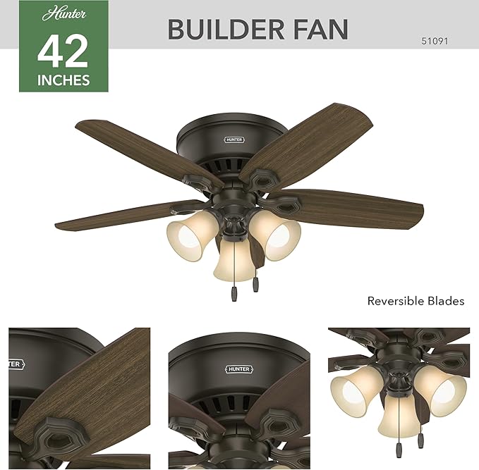 Hunter 42 inch Indoor Ceiling Fan with LED Lights - Bronze Ceiling Fan with Pull Chain, For Bedroom, Living Room, or Kitchen, Low Profile Mount, No Remote, 5 Blades - Builder 51091, New Bronze
