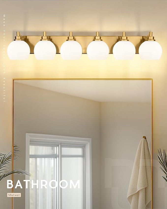 Bathroom Light Fixtures, 6-Light Brushed Gold Bathroom Vanity Lights Over Mirror with Globe Milk White Glass Shade, 38 Inch Modern Vanity Lighting Fixtures, VL195-BG-ML-6