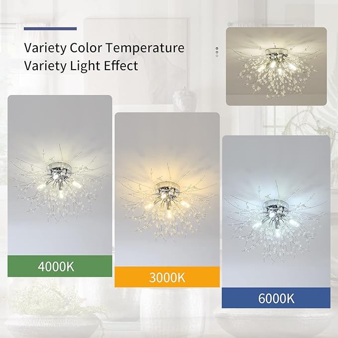 Modern Small Crystal Ceiling Light Fixture, 4-Light Chrome Crystal Sputnik Firework Chandelier, Semi Flush Mount Ceiling Light Fixtures for Bedroom Kitchen Hallway Entryway Bathroom(H9.5'' x W17.7'')