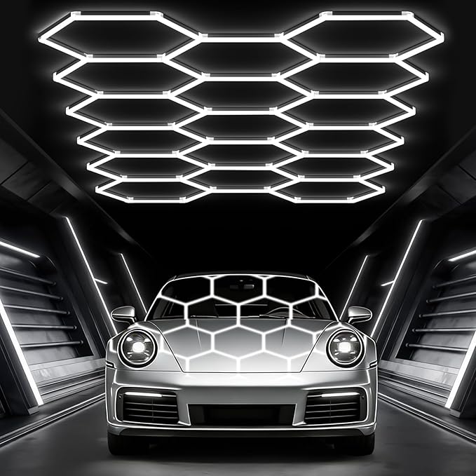 Glitgate Hexagon Garage Lights, Car Detailing & Gym, 476W 52360LM LED Shop Light, 6500K Hexagon Ceiling Light Grid, Modern LED Ceiling Light for Showroom Barber Shop