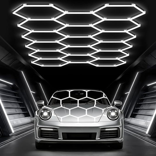 Glitgate Hexagon Garage Lights, Car Detailing & Gym, 476W 52360LM LED Shop Light, 6500K Hexagon Ceiling Light Grid, Modern LED Ceiling Light for Showroom Barber Shop