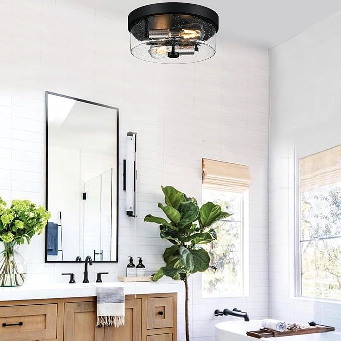 Flush Mount Ceiling Light Fixtures, 2-Light Black and Silver Ceiling Mount for Farmhouse with Seeded Glass Lampshade, Industrial Flush Mount Light Fixture for Hallway, Kitchen, Entryway and Foyer