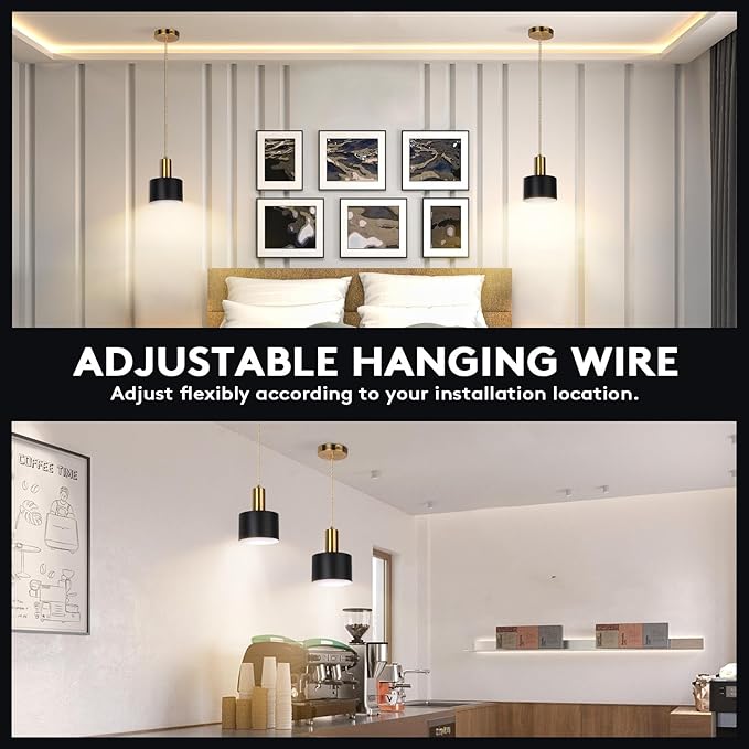 Battery Operated Pendant Light Set of 2, Black with Gold Battery Chandelier with 5200mah Rechargeable Remote Light Bulb, Hanging Island Light for Kitchen Bedroom Dinning Room